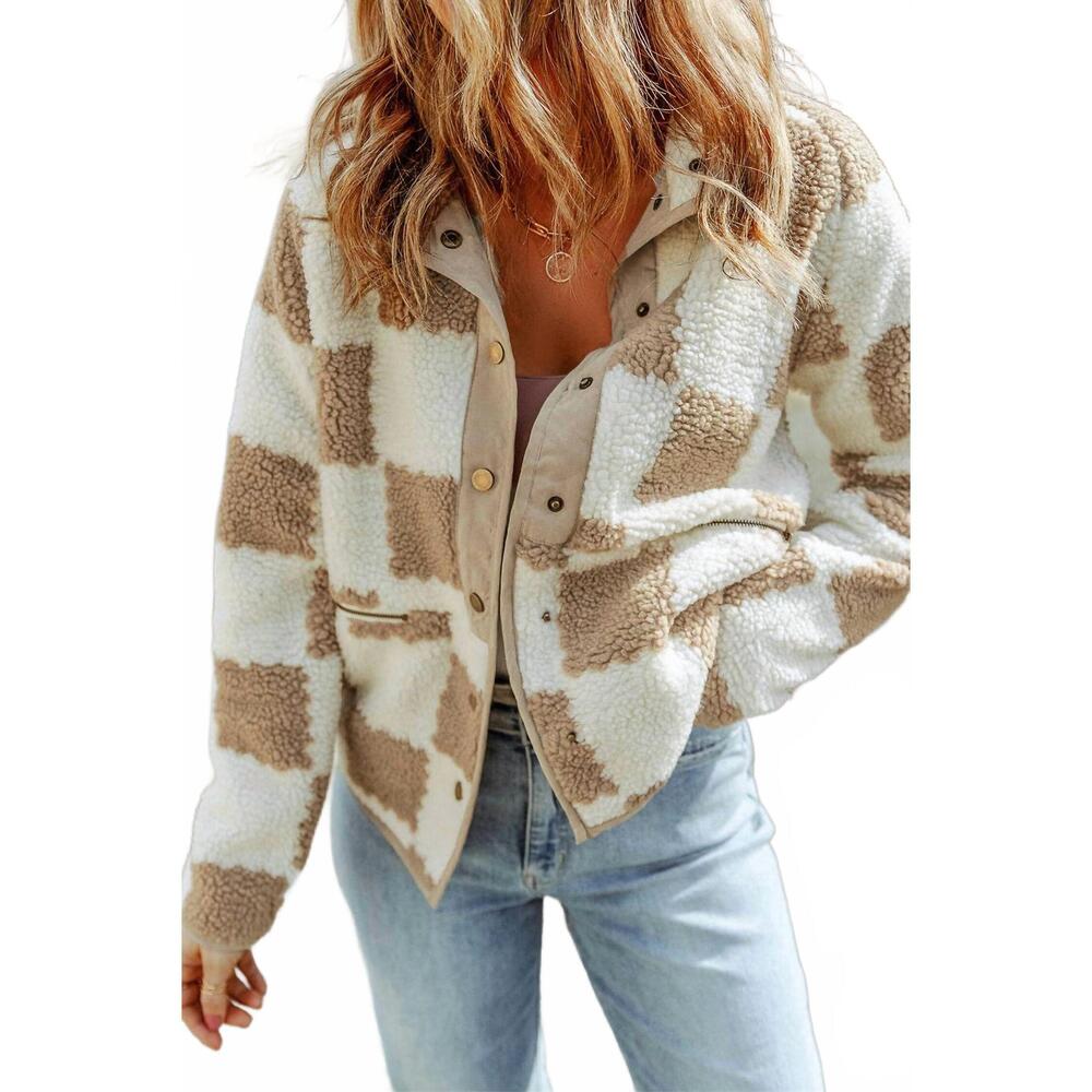 NEW LOVESOFT checked snap button sherpa jacket in brown